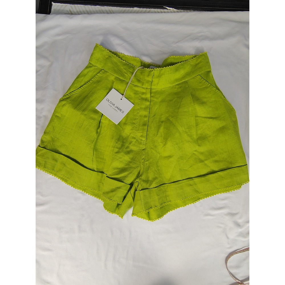 Olivia James The Label Sammi Pear Green Linen Pleated Shorts XS Crochet Trim NEW